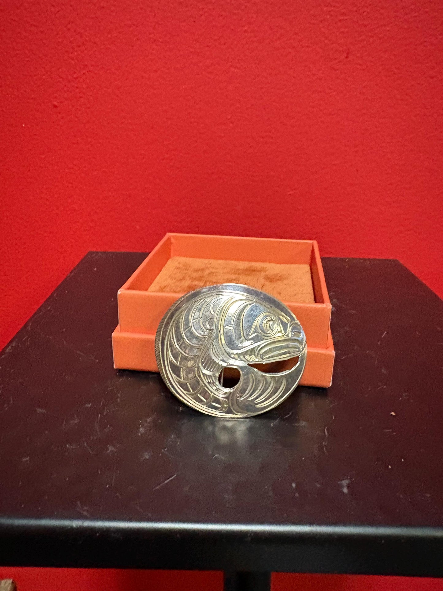 Fabulous indigenous first Nations sterling silver brooch pendant of a jumping salmon  great detail and signed  wonderful image imagery