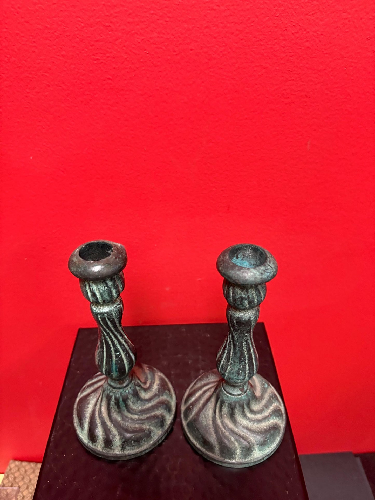 Lovely 7 inch bronze candlesticks wonderful patina and great decoration good value