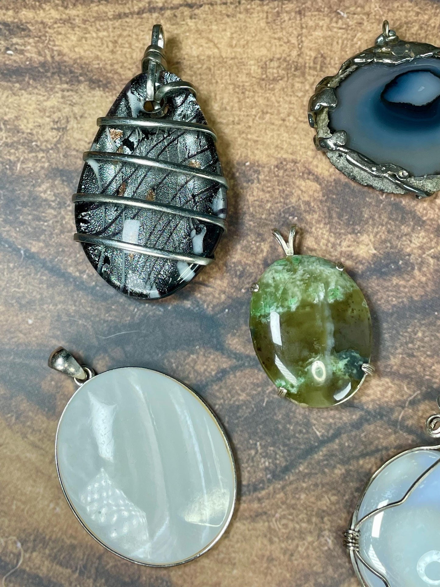 Mixed 7 Pendant Lot Stone, Shell, Metal and Glass Accents