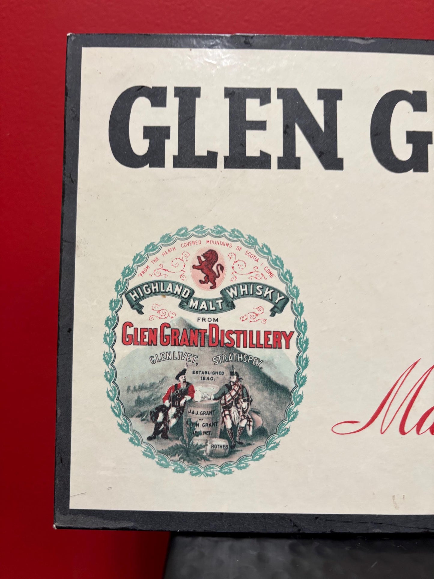 Beautiful Scottish Glen Grant pure whiskey cardboard advertising sign in great condition hangs or stands - 10 x 7 inches