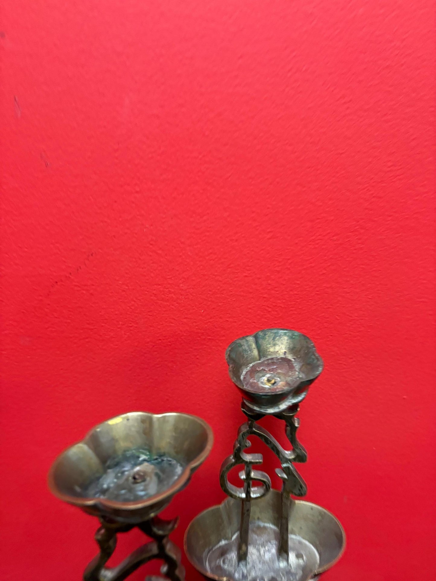 Antique Chinese brass wedding candlesticks 15 inches tall lovely condition - tops a little loose