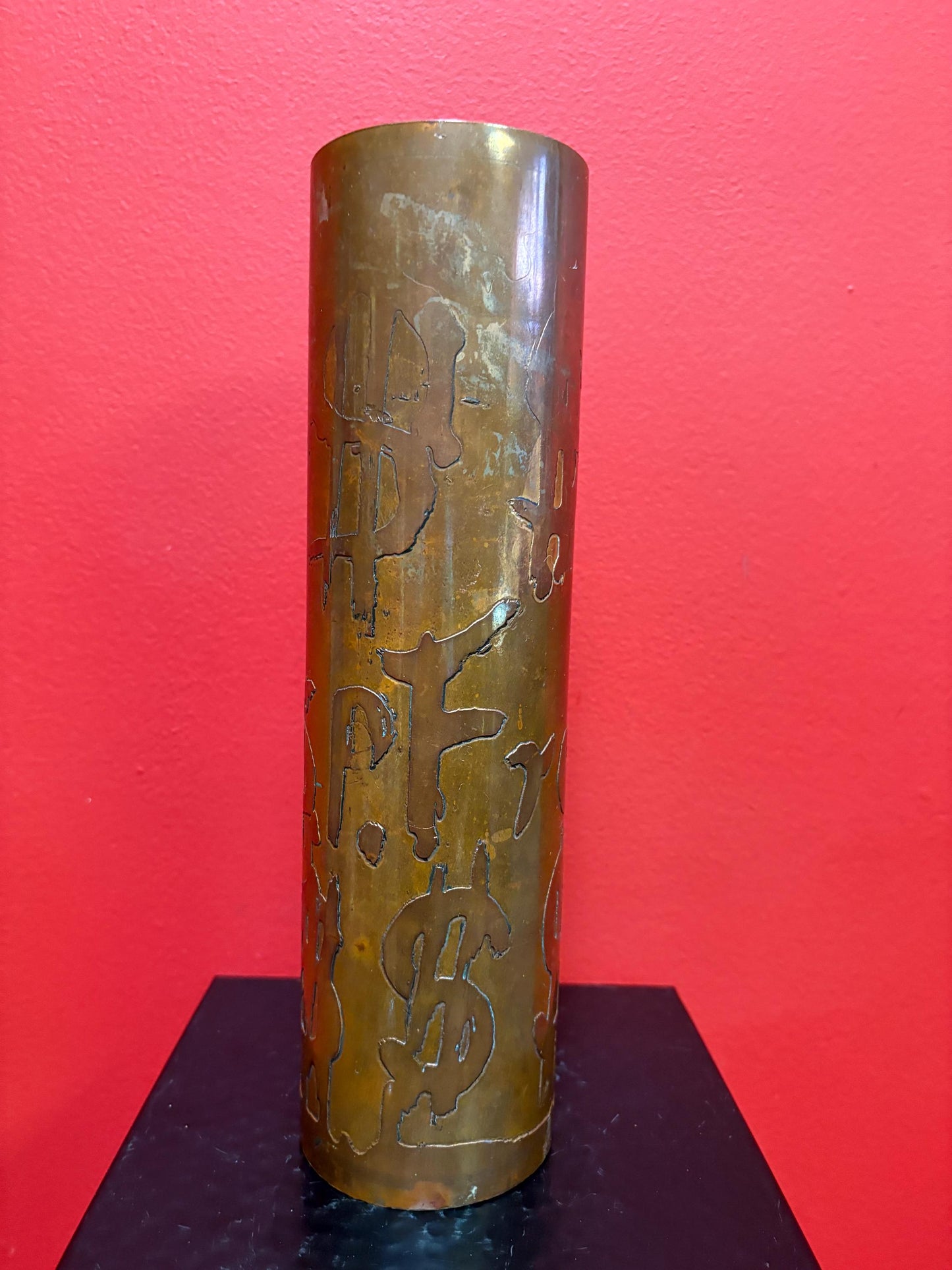 Stunning rare indigenous Vancouver first Nations ADOLF OETTER copper money themed vase  exceptional patina  11 inches tall