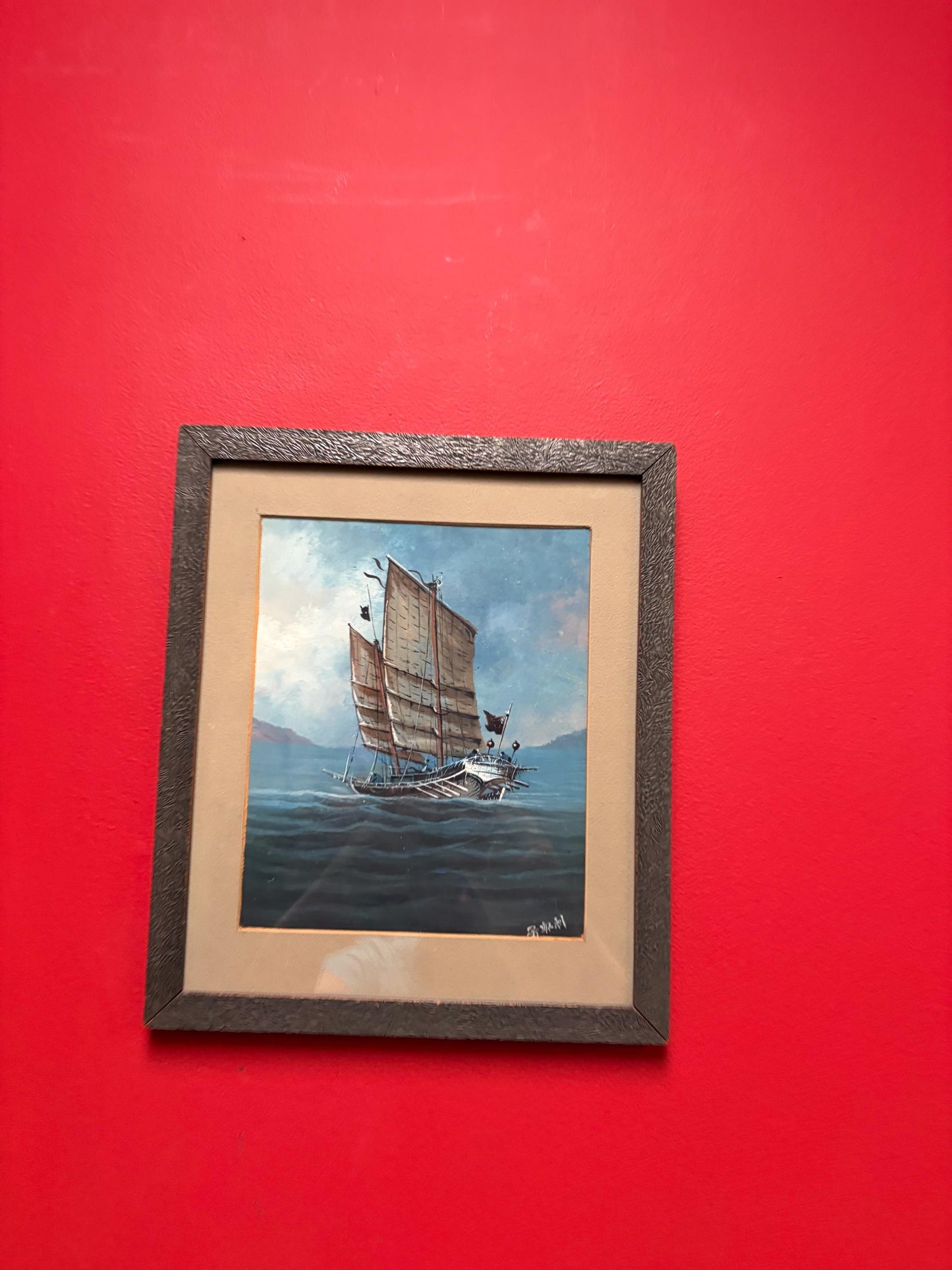 Beautiful 1940s Japanese watercolour painting of a boat  exquisite detail and signed with Provenance  great value