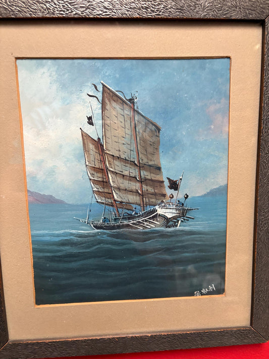 Beautiful 1940s Japanese watercolour painting of a boat  exquisite detail and signed with Provenance  great value