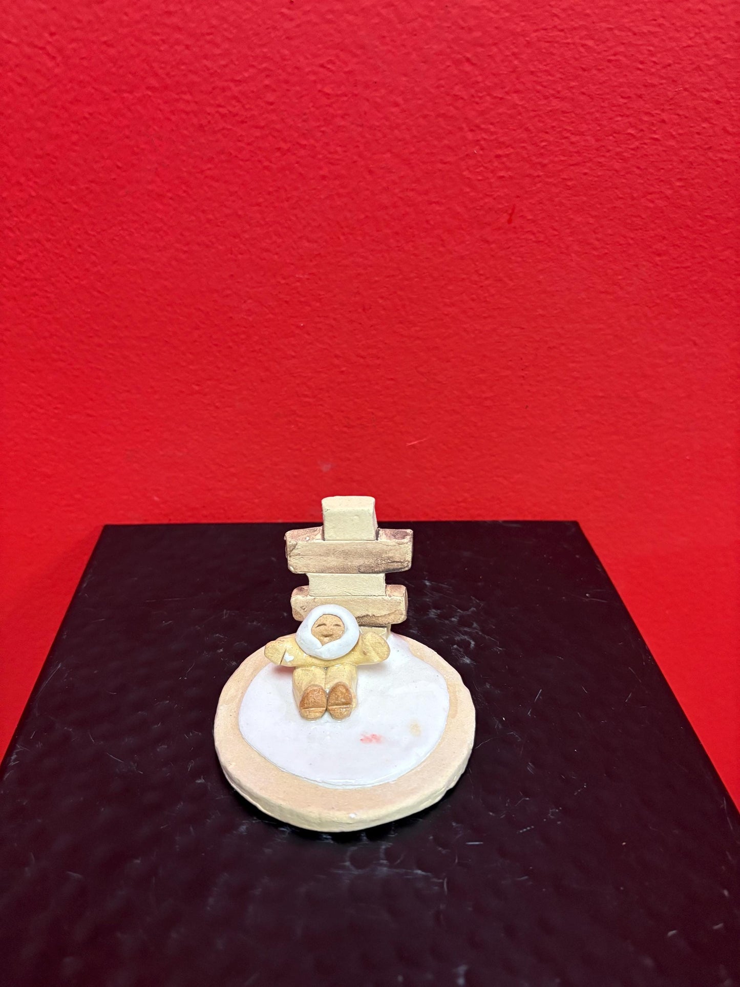 Beautiful Canadian indigenous Inuit signed clay statue of Eskimo and Inukshuk handmade  approx 3  high  perfect condition  great gift