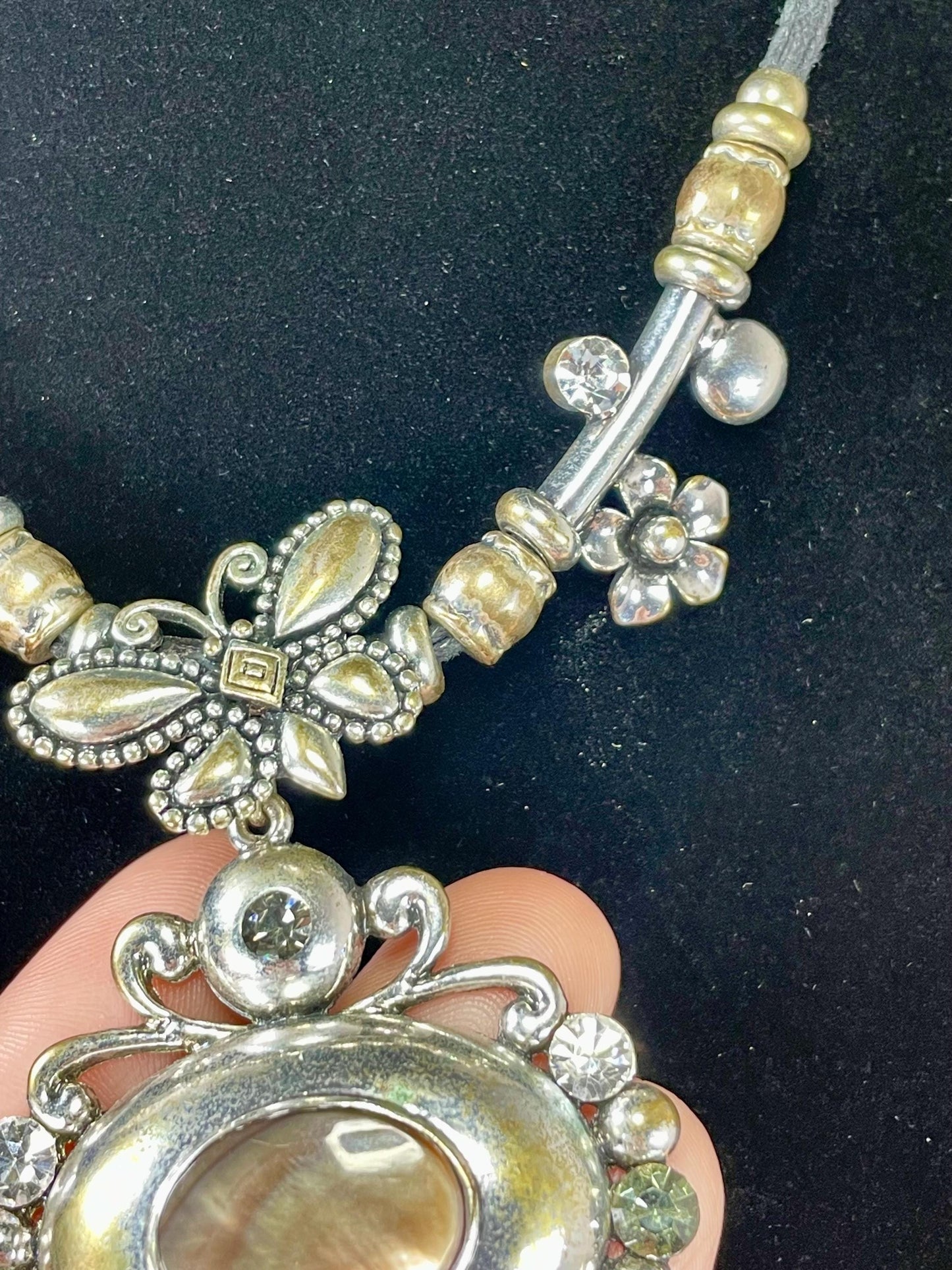 Mother of Pearl Pendant Necklace with Butterfly Accent 15 inch necklace, 3 inch Pendant