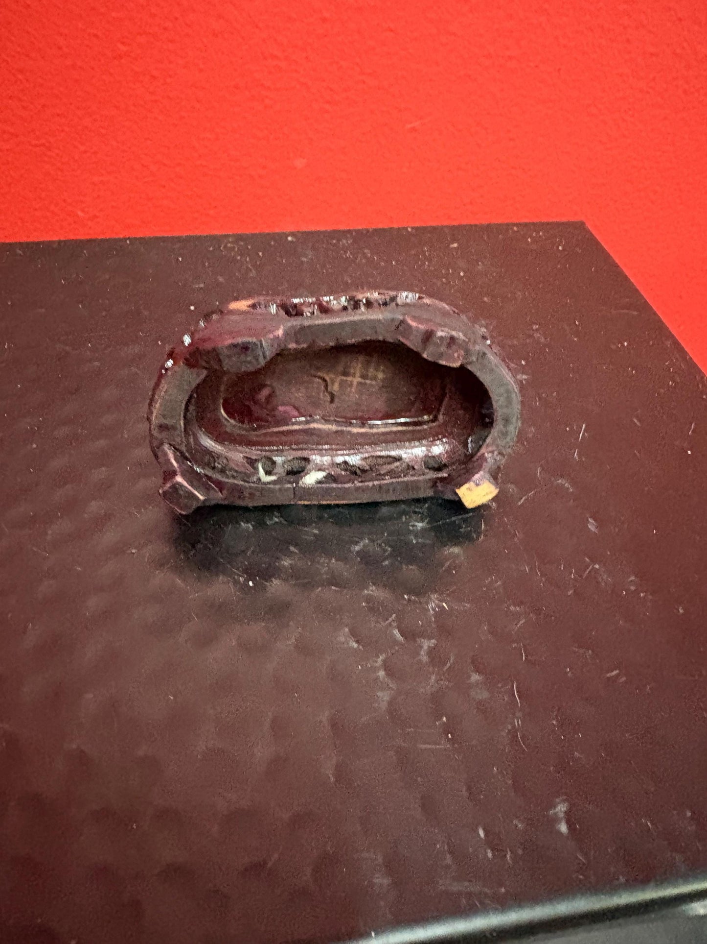 Lovely 2 inch long Chinese rock crystal horse on carved wooden stand