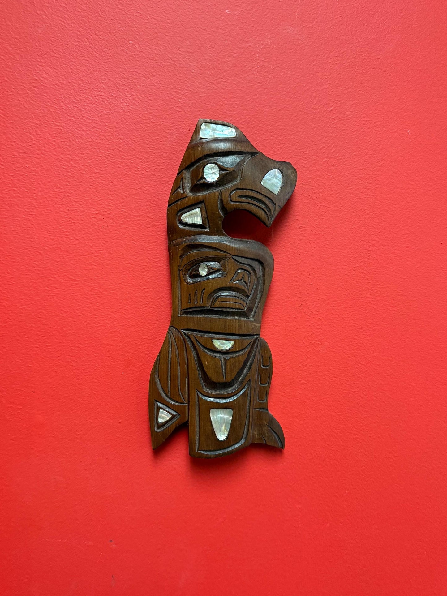 Beautiful indigenous 12 x 5 wide first nations pacific north West Coast Eagle transformation plaque with abalone accents unsigned