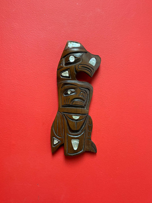 Beautiful indigenous 12 x 5 wide first nations pacific north West Coast Eagle transformation plaque with abalone accents  unsigned