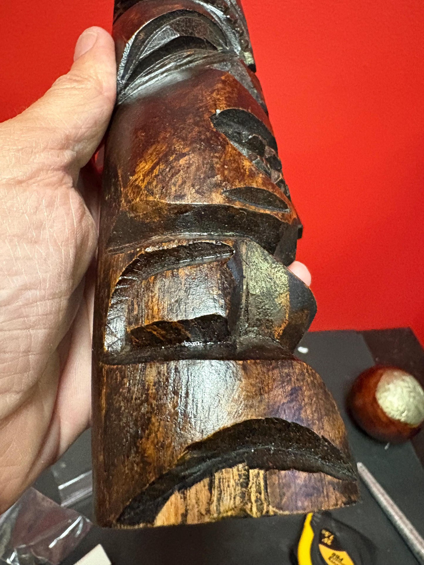 Pretty signed tiki wood statue 9.5 inches tall lots of character great gift