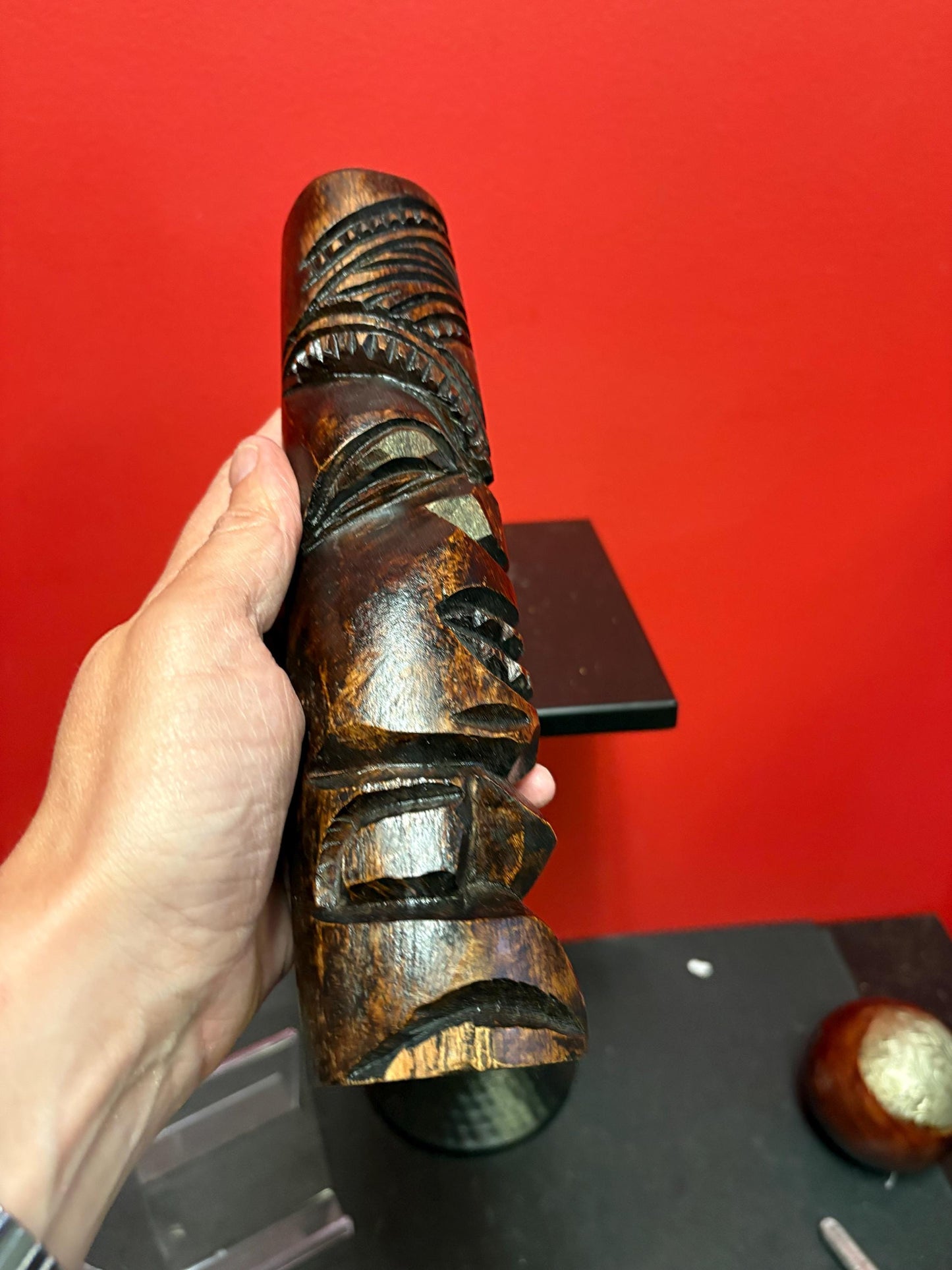 Pretty signed tiki wood statue 9.5 inches tall lots of character great gift