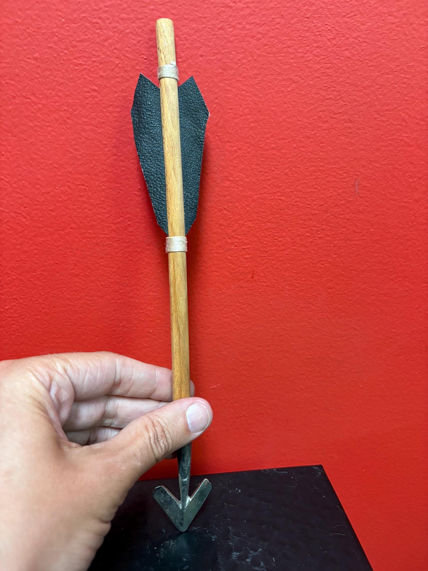 Beautiful small model  antique indigenous first nations wood leather and metal spear  unique and fabulous