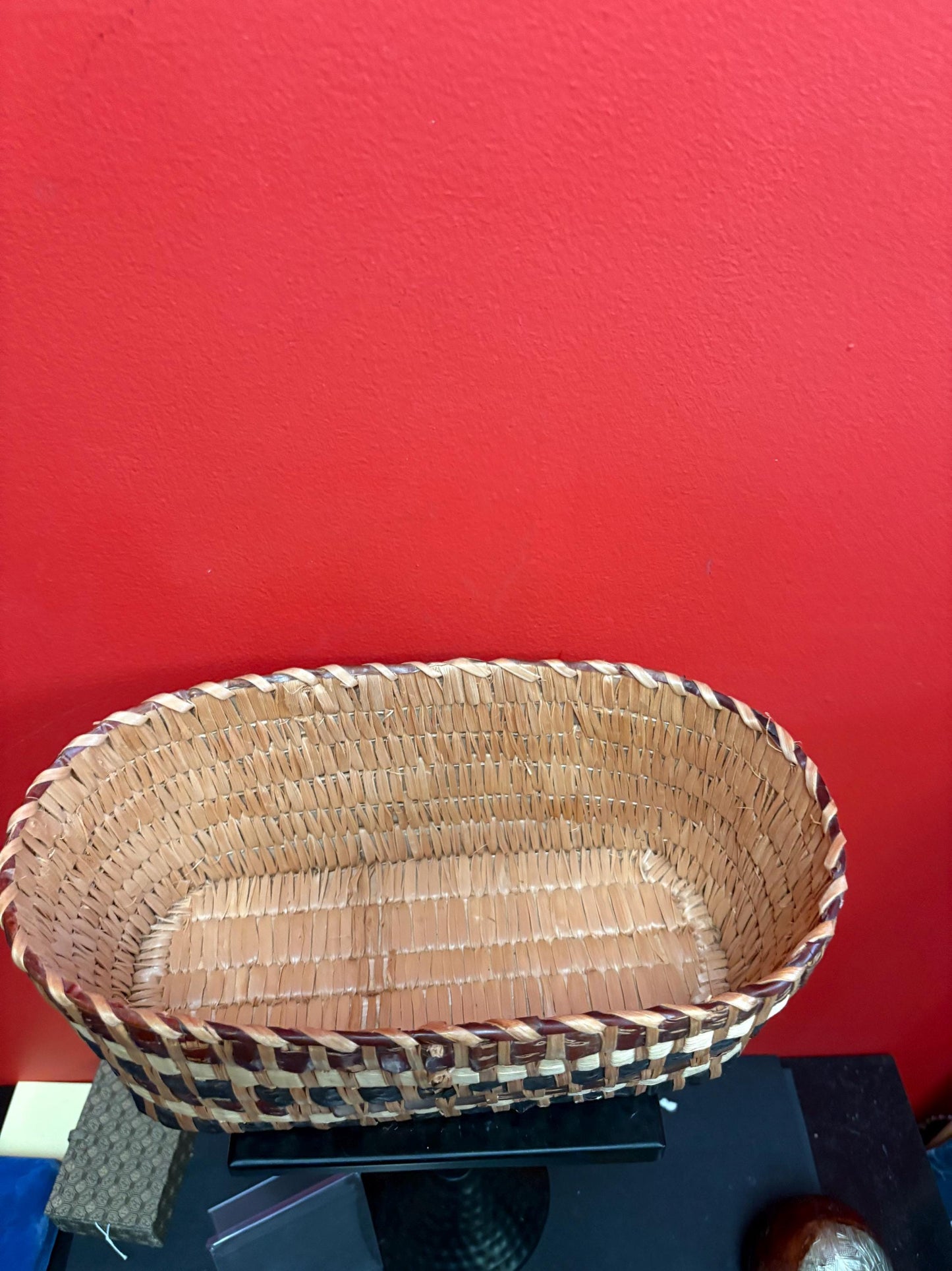 Lovely 13 x 8 x 5 high Canadian indigenous first nations West Coast weaved cedar basket unusual colors and good antique condition