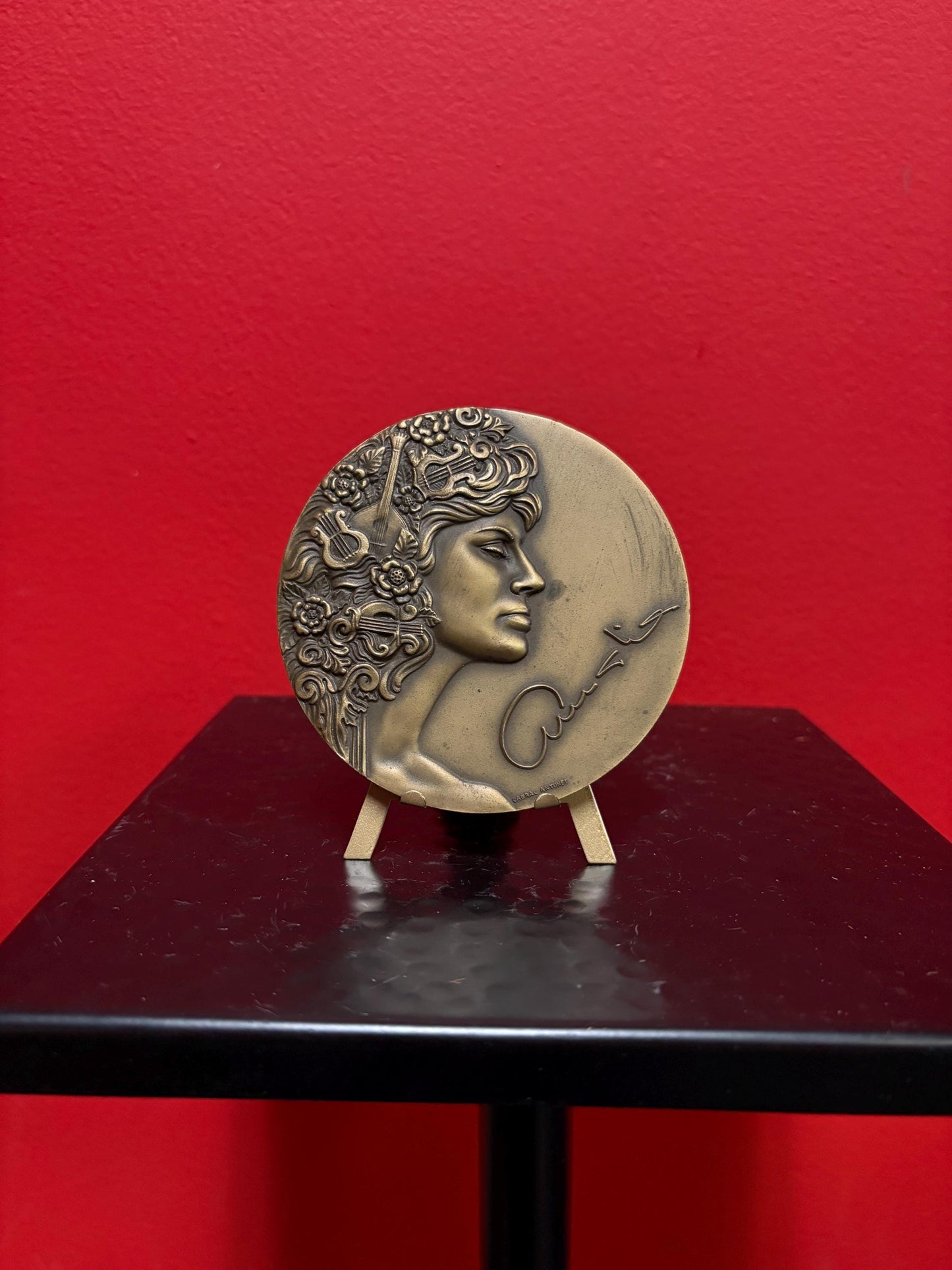 Stunning French bronze plaque on stand   great and 4 inches tall