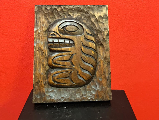 Lovely signed black fish by MAURY CLARK indigenous first nation specific northwest coast  cedar  needs hanger  7 x 5