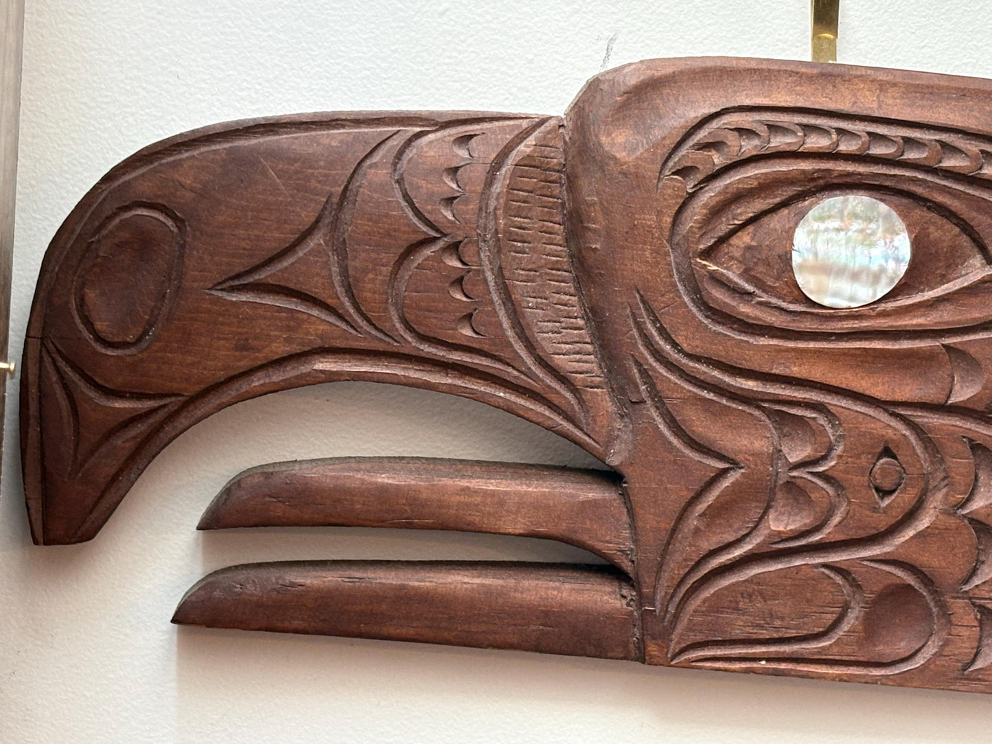 Amazing signed indigenous first Nations, Pacific Northwest Coast Raven plaque with abalone eye  great detail - 16 x 6 high  RS
