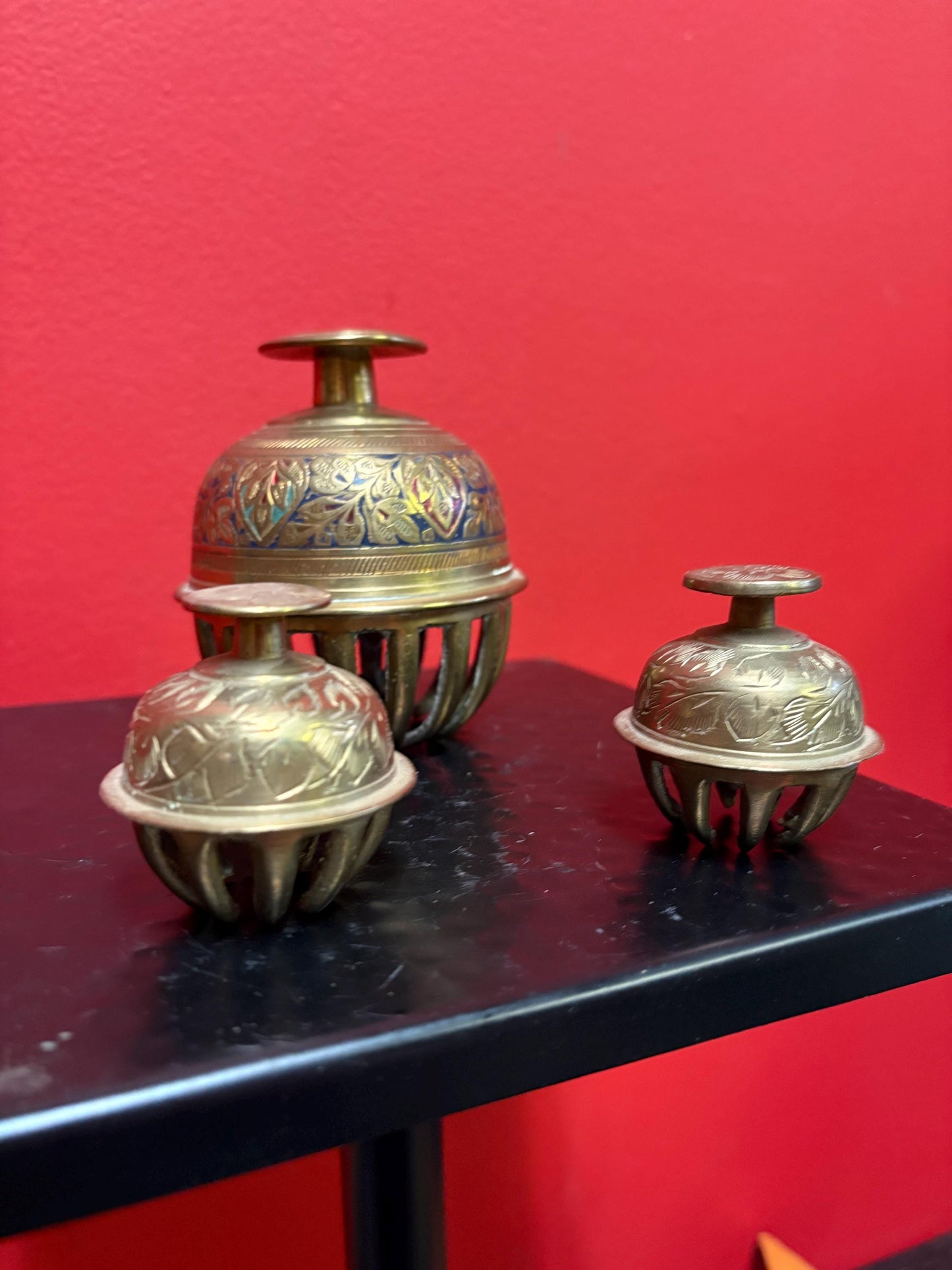 Three cool brass Indian vintage bells 2 and 4 inches high