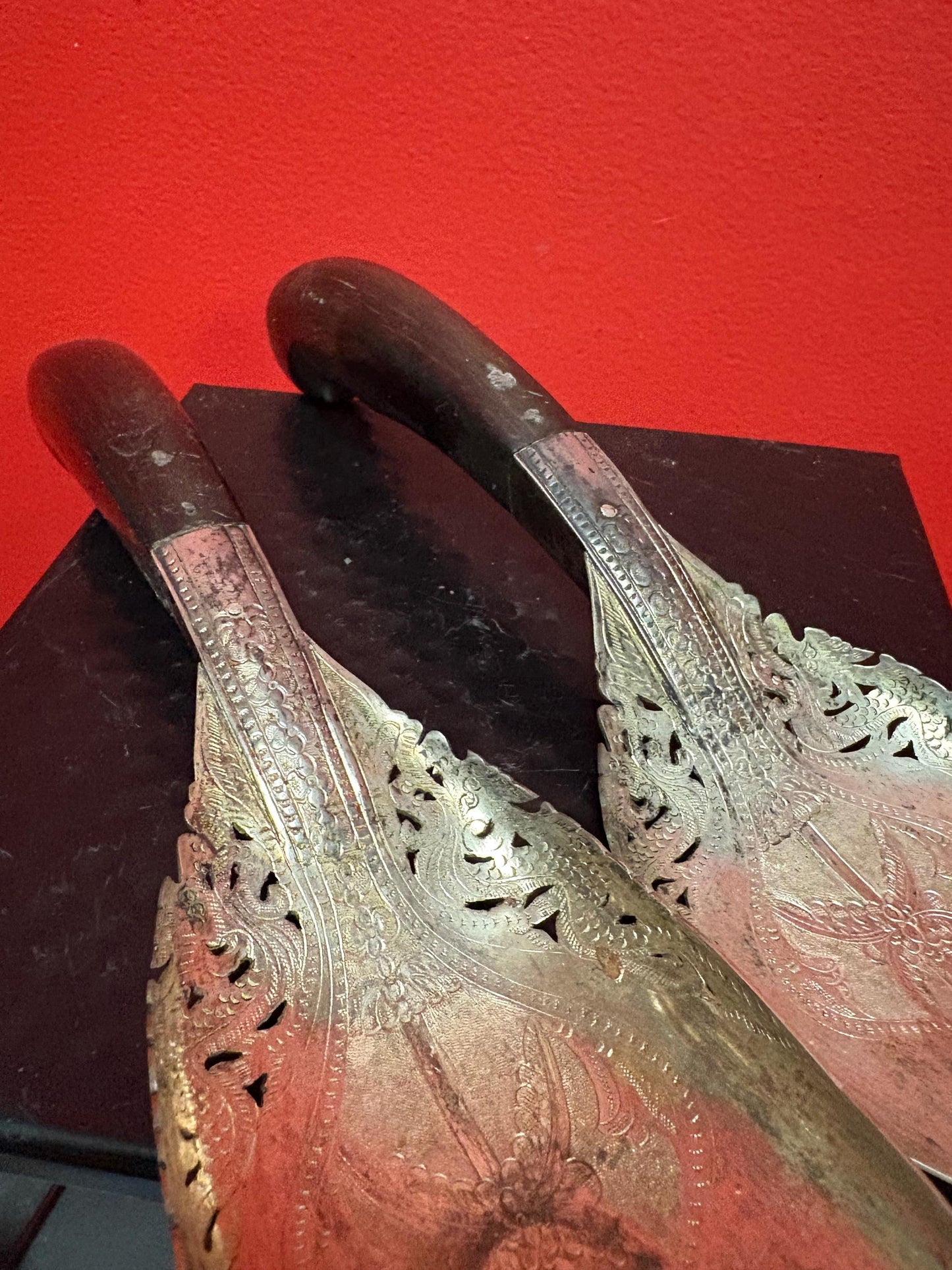 Lovely Persian horn and silver plate  salad servers  little damage on handle  11 and 12 inches long