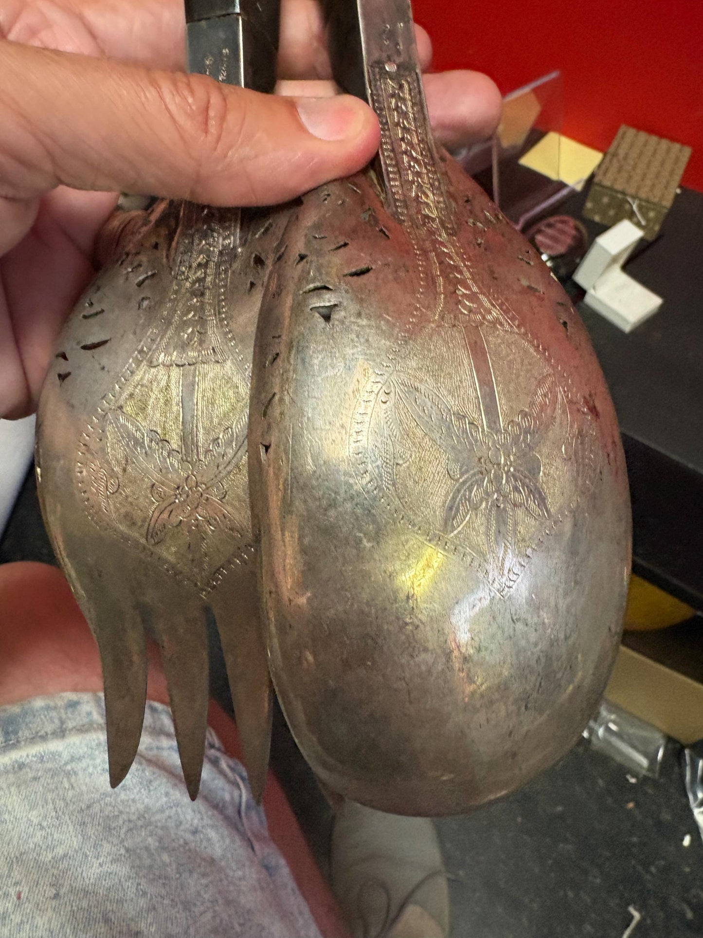 Lovely Persian horn and silver plate  salad servers  little damage on handle  11 and 12 inches long