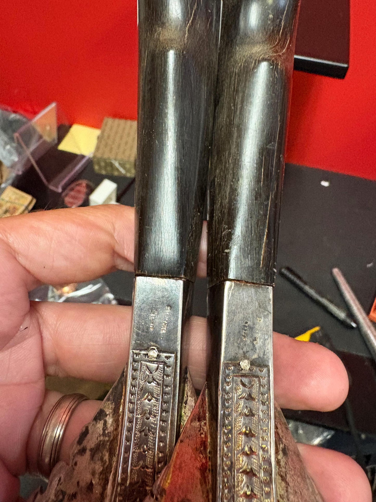 Lovely Persian horn and silver plate  salad servers  little damage on handle  11 and 12 inches long