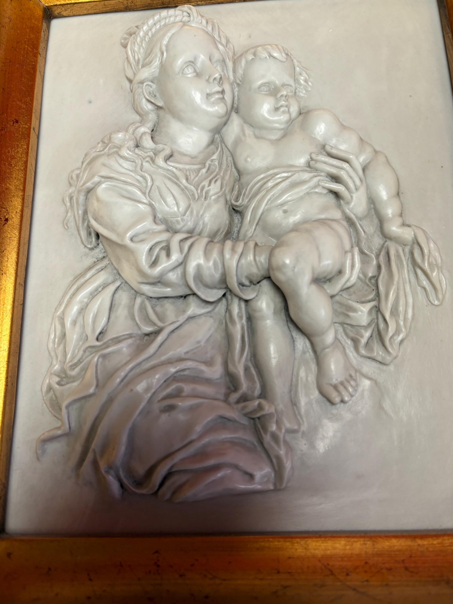 Stunning early Italian 1900s  marble relief of mother and child in gilded wooden frame  exquisite quality  18 x 15 wide great gift  wow