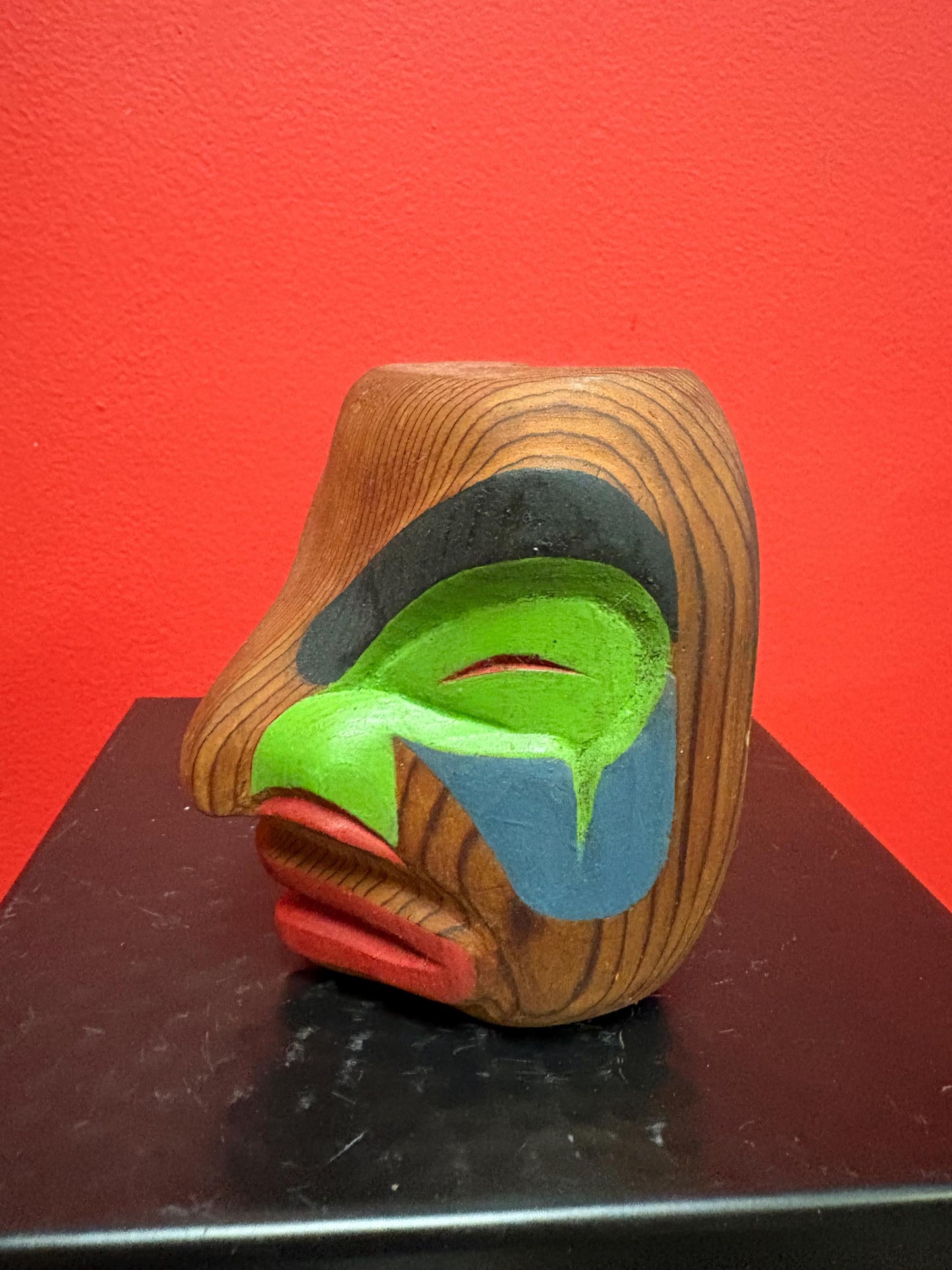 Fabulous 4 1/2 inch tall indigenous First Nations Pacific Northwest Coast polychrome painted cedar mask
