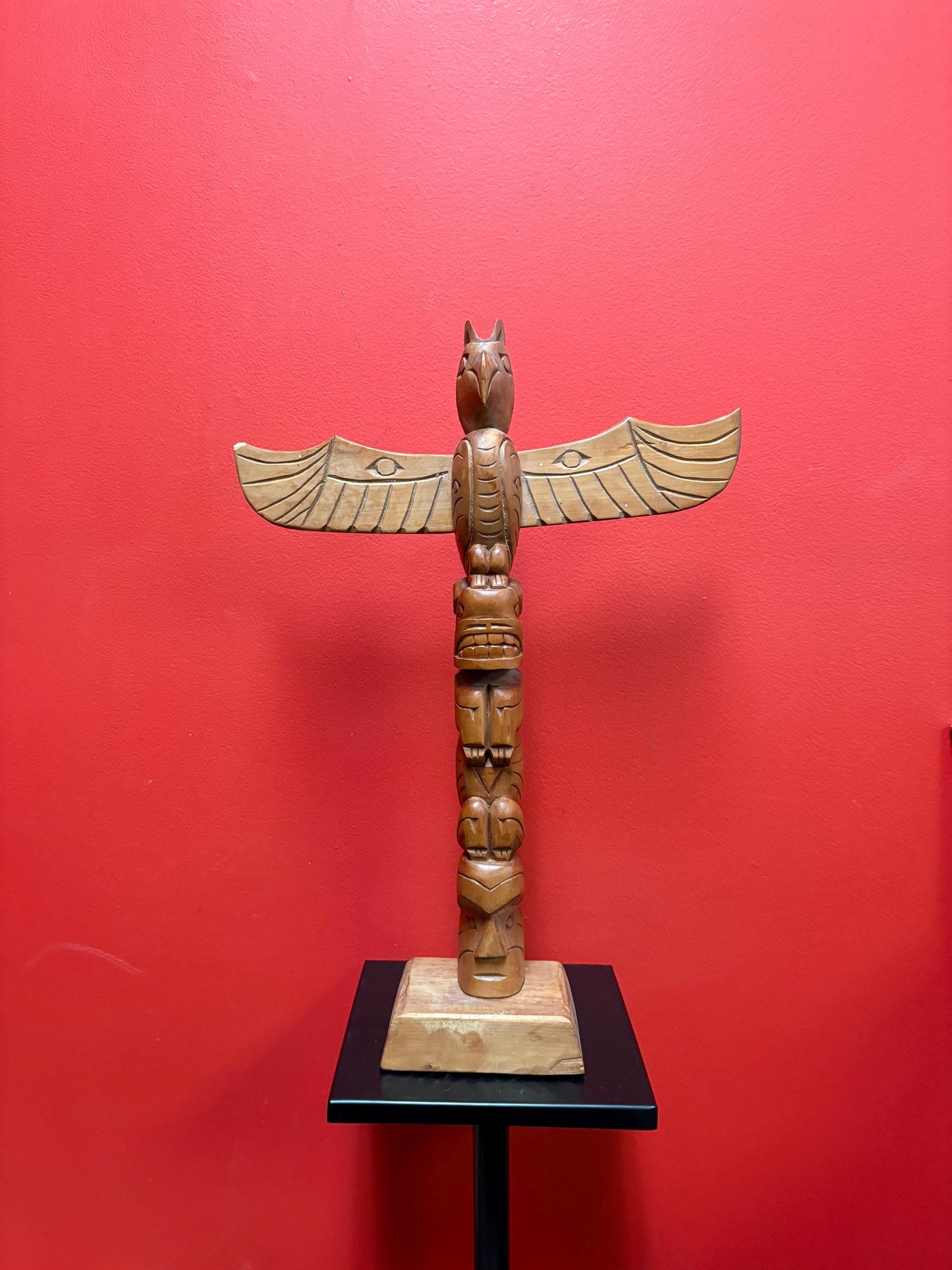 Fabulous indigenous first Nations signed totem pole with wings  see photos  18 inches tall  great value