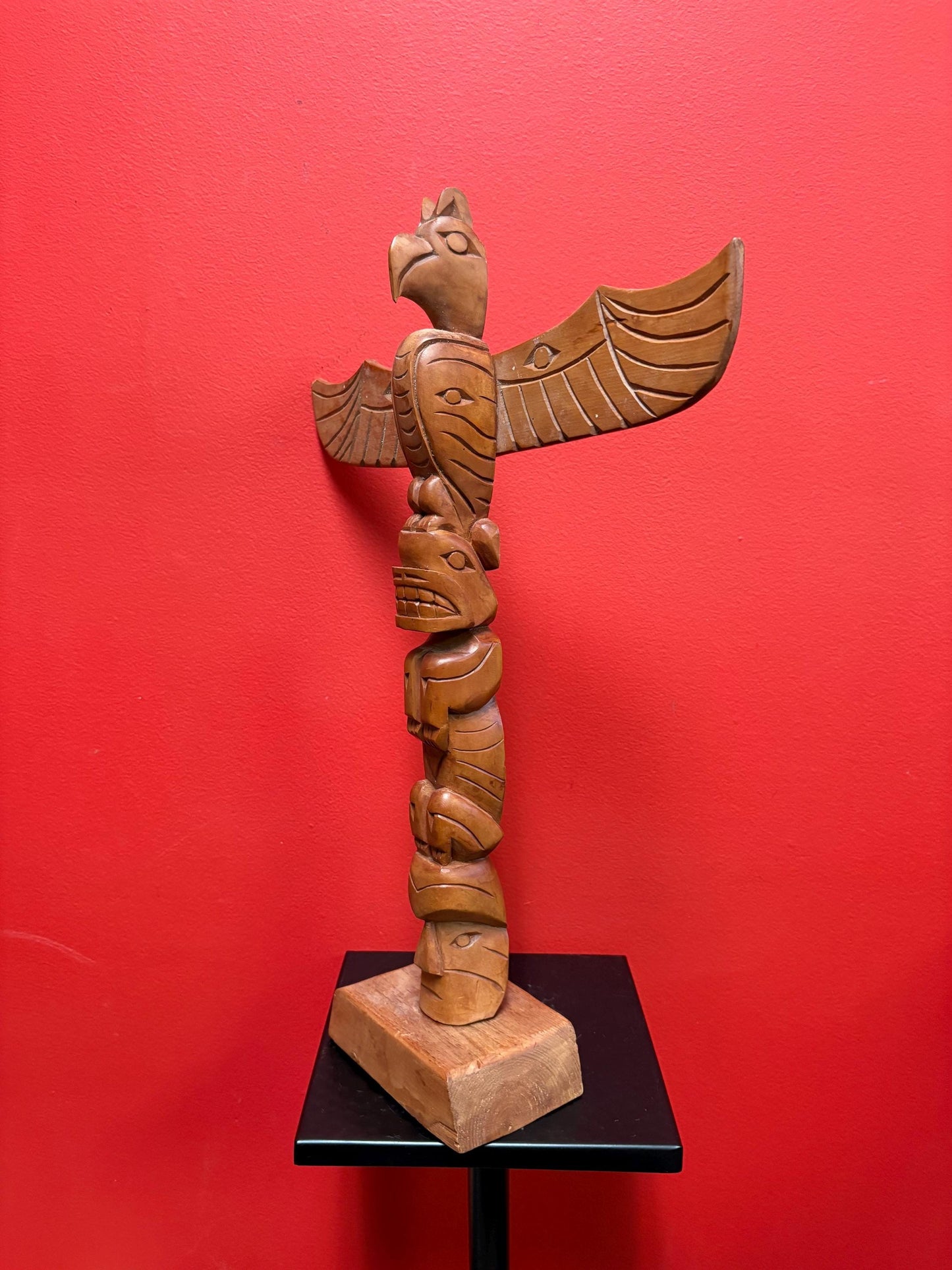 Fabulous indigenous first Nations signed totem pole with wings  see photos  18 inches tall  great value