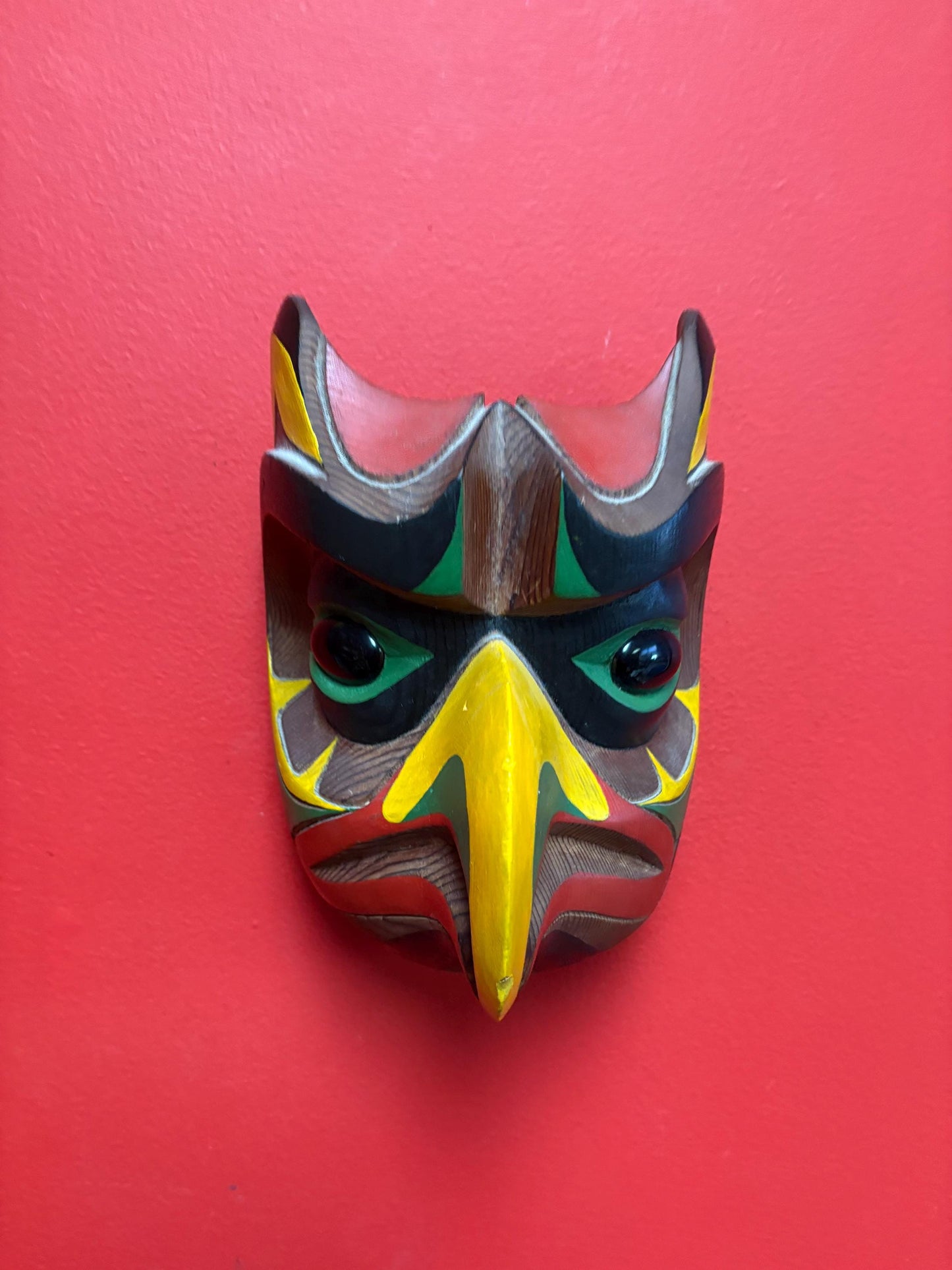 Stunning 7 x 6 wide signed Earl lace polychrome painted owl wisdom mask with glass eyes indigenous first nations pacific north West Coast