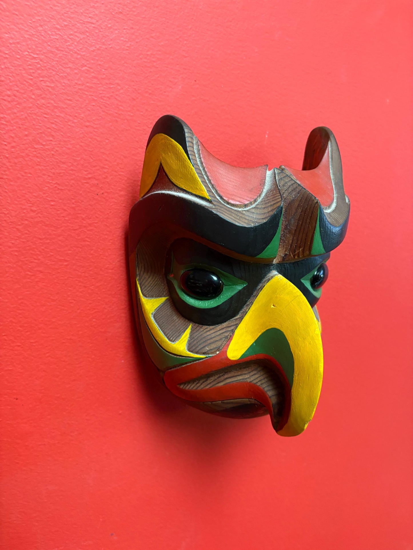 Stunning 7 x 6 wide signed Earl lace polychrome painted owl wisdom mask with glass eyes indigenous first nations pacific north West Coast