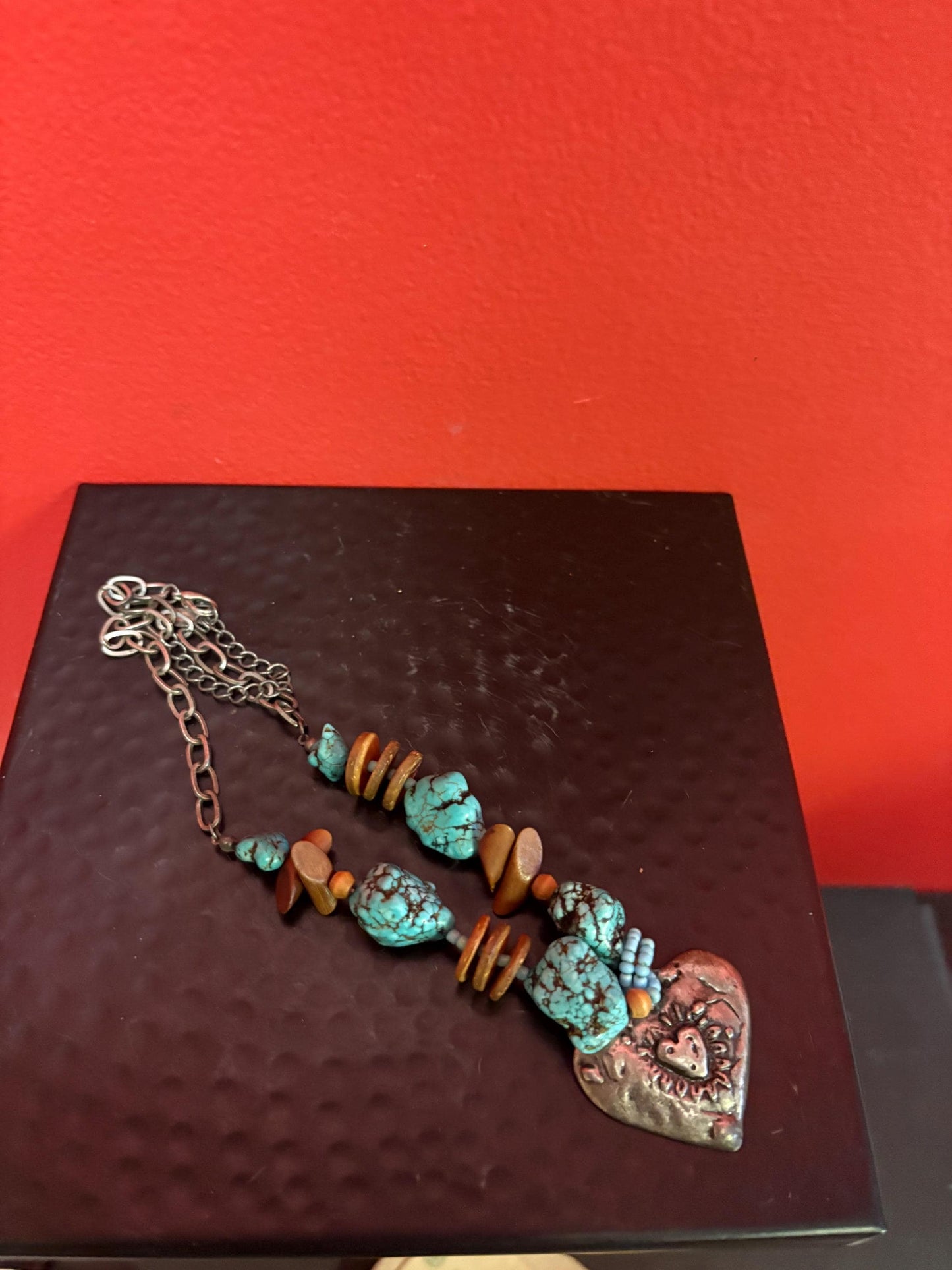 Lovely approximately 20 inch long Navajo style turquoise necklace with silver heart pendant unique and perfect gift