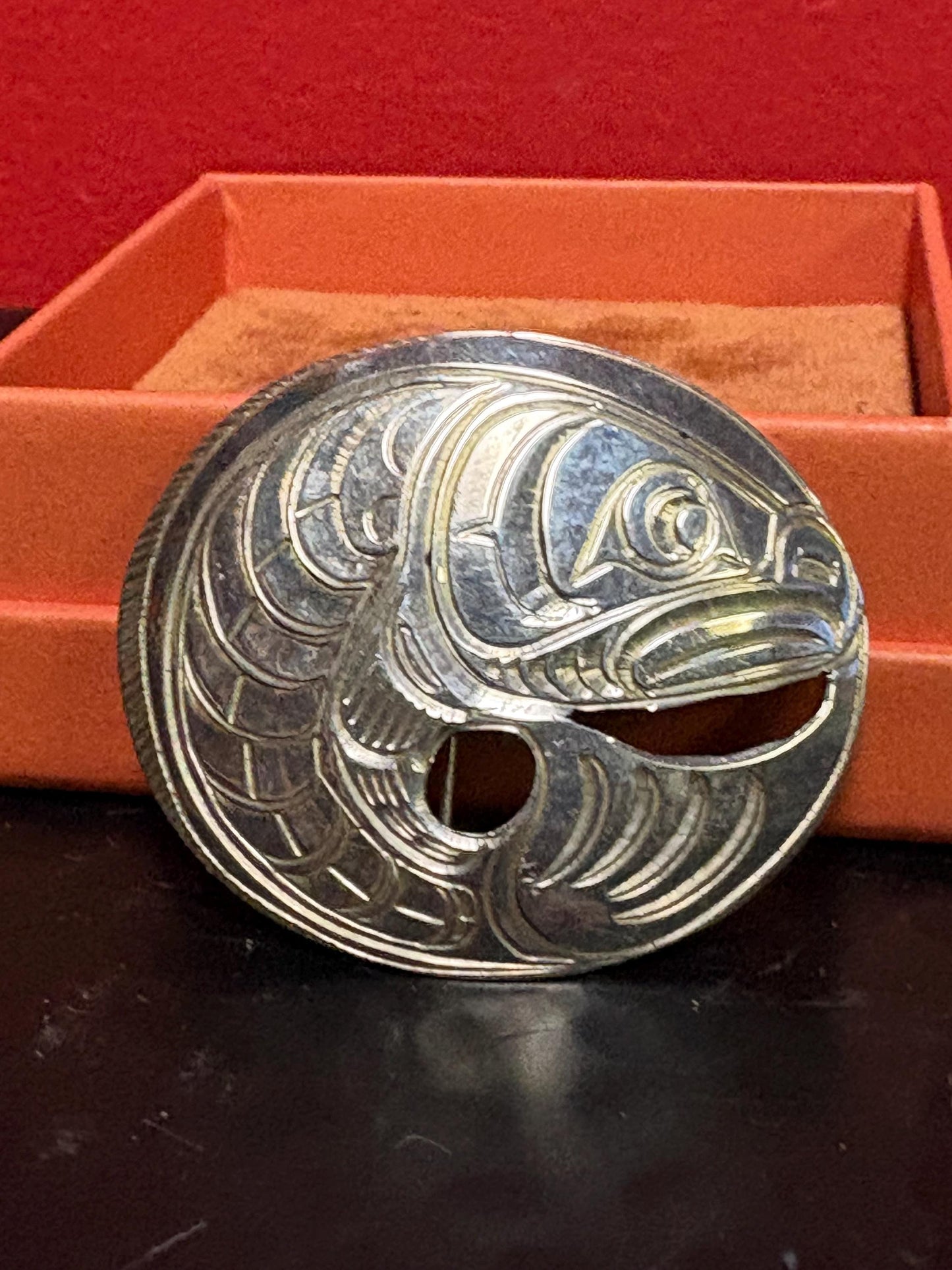 Fabulous indigenous first Nations sterling silver brooch pendant of a jumping salmon  great detail and signed  wonderful image imagery
