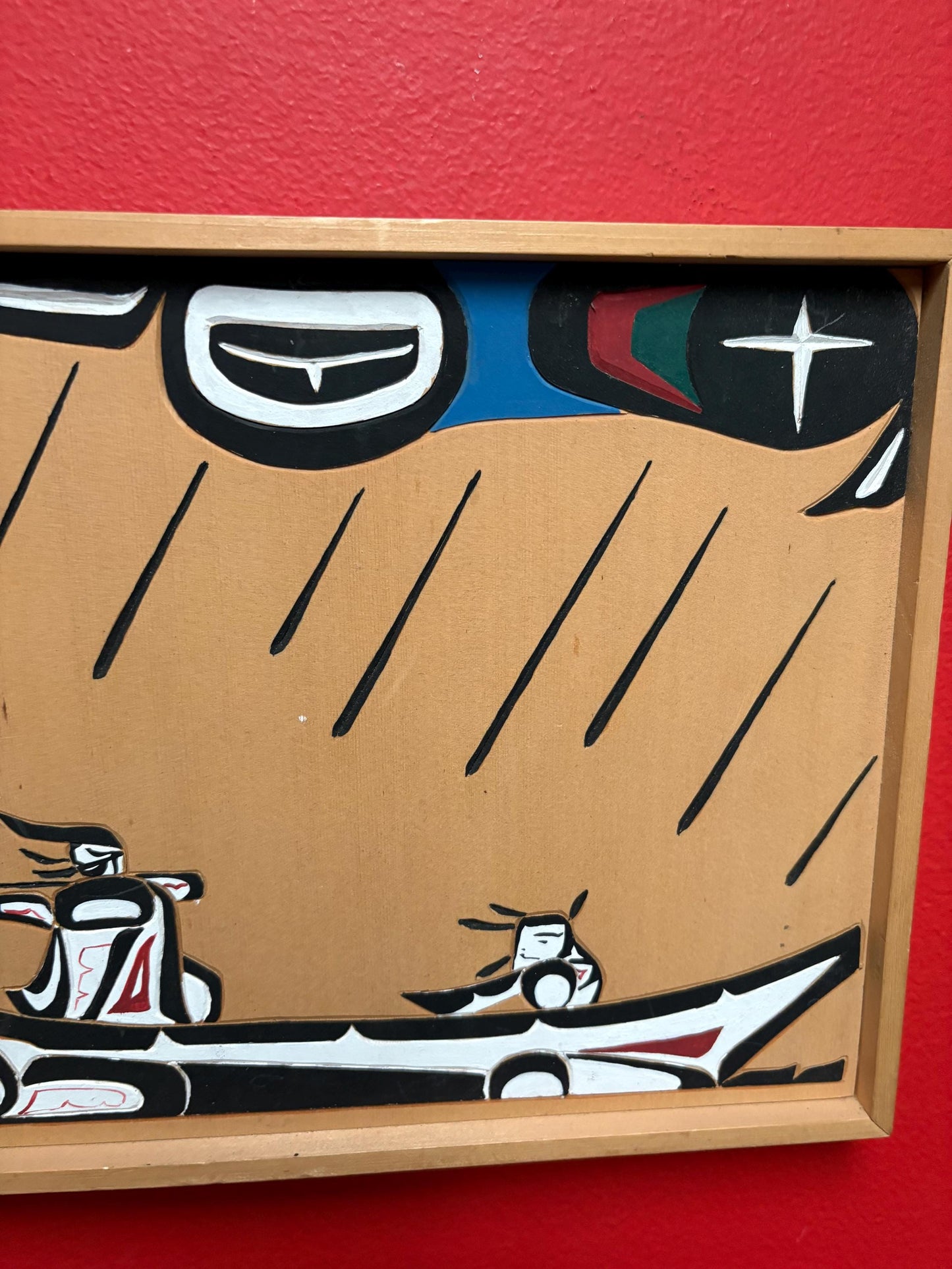 Signed lovely indigenous first nations pacific West Coast Cedar plaque of whale hunters  12 x 5 by one inch thick