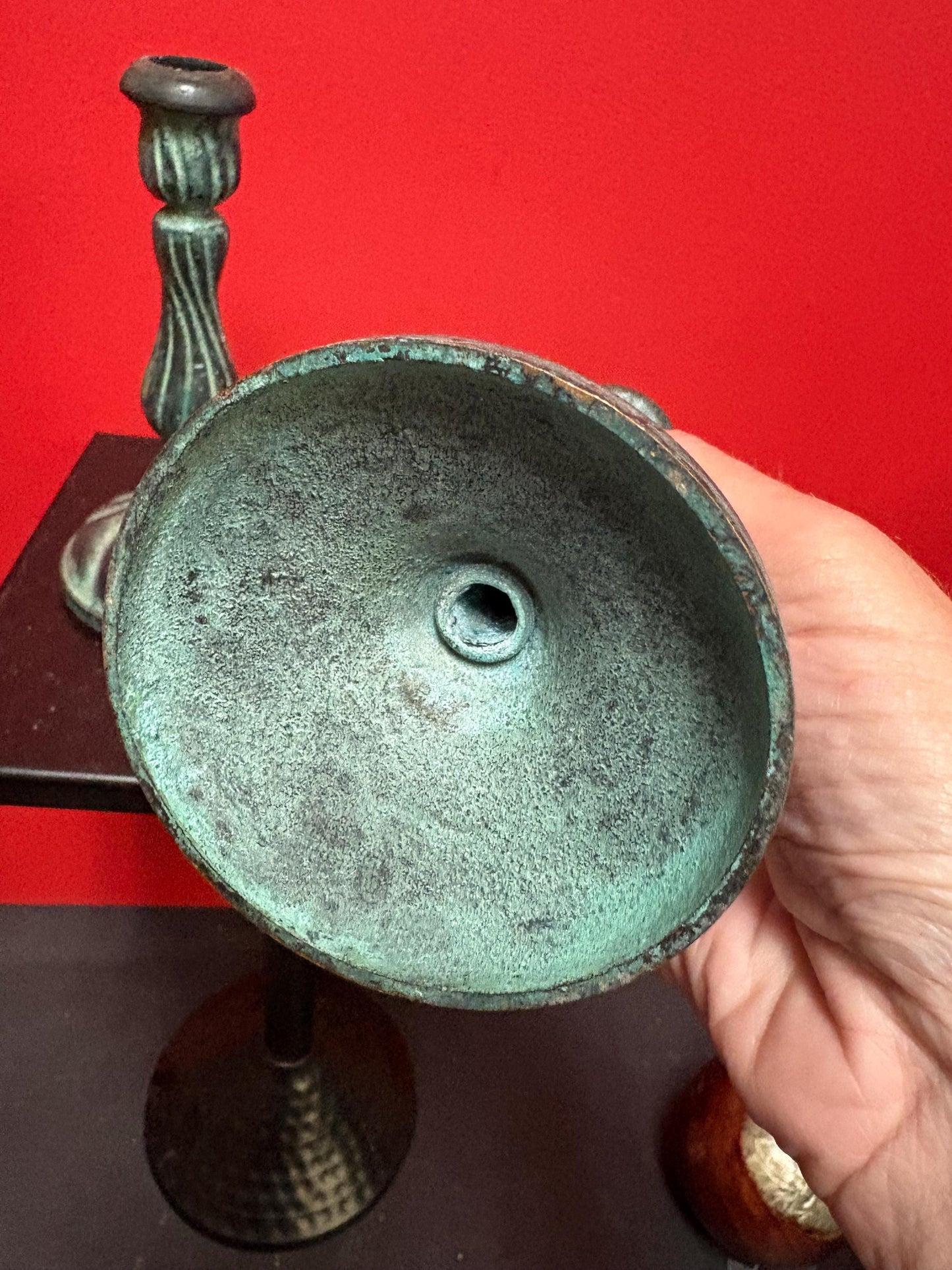 Lovely 7 inch bronze candlesticks wonderful patina and great decoration good value