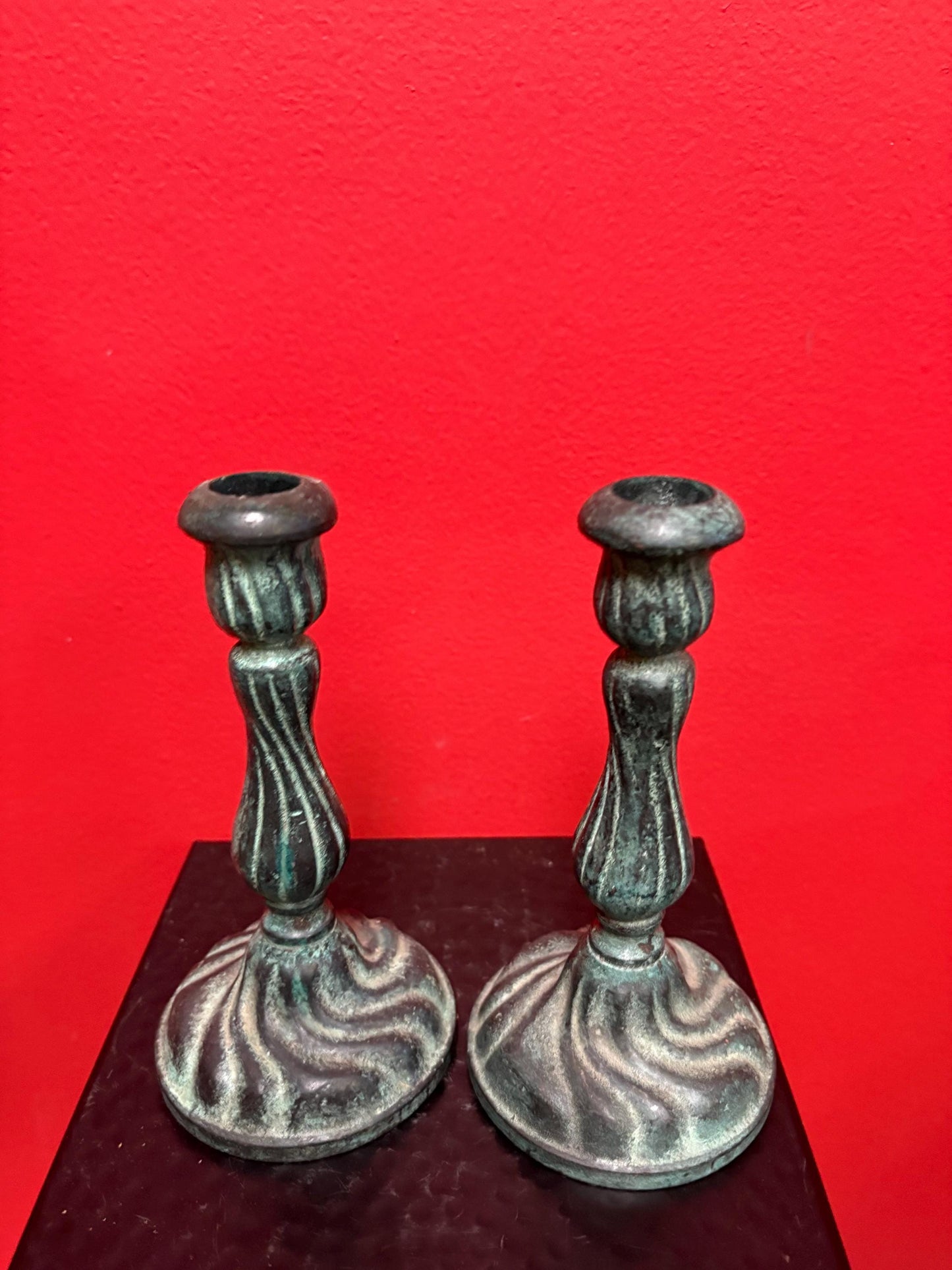 Lovely 7 inch bronze candlesticks wonderful patina and great decoration good value