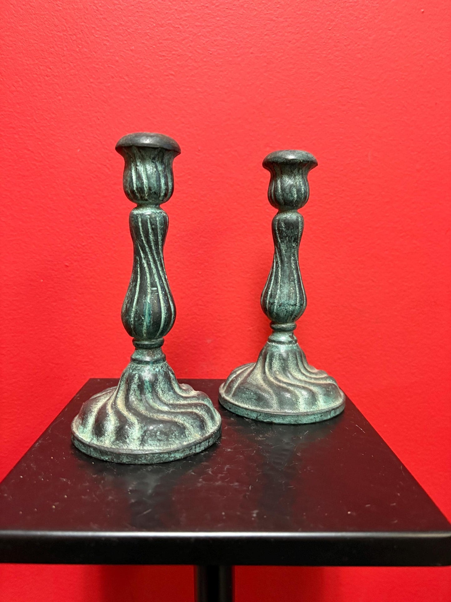 Lovely 7 inch bronze candlesticks wonderful patina and great decoration good value