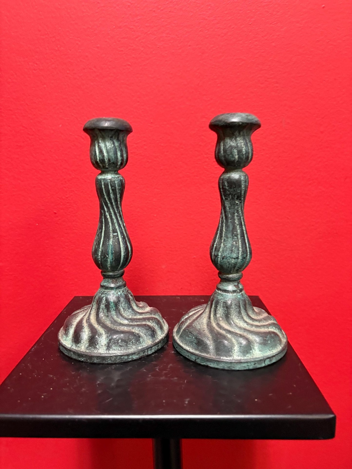 Lovely 7 inch bronze candlesticks wonderful patina and great decoration good value