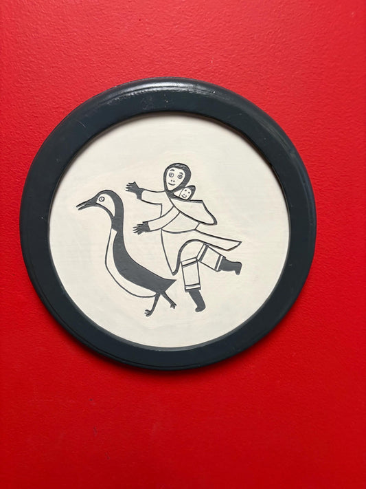 Beautiful 1970s Inuit wood art picture in frame  11 inches  indigenous Inui