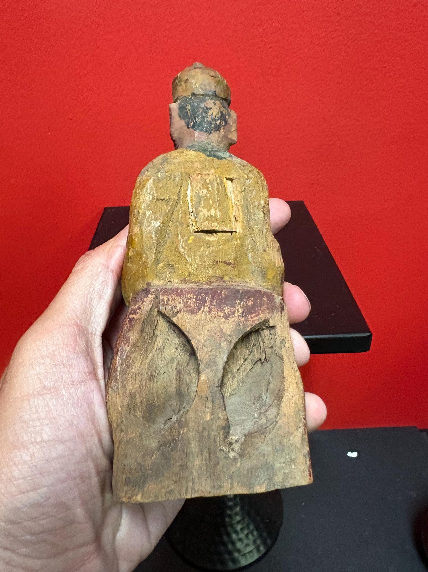 Ancient Chinese polychrome wooden deity  great colours and condition  8 inches tall