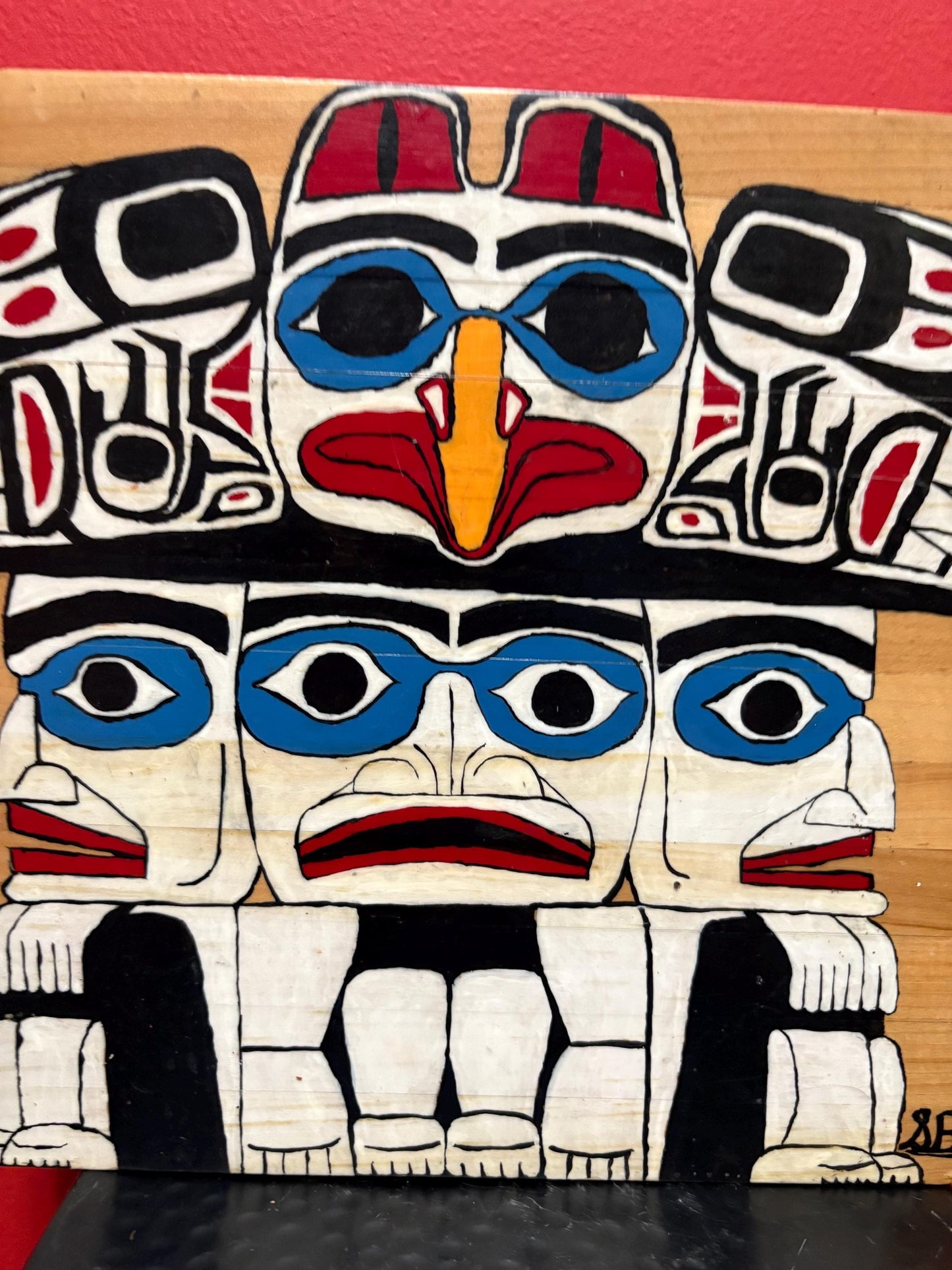 Indigenous signed First Nations Pacific Northwest Coast plaque 9 x 9 x 2 thick  great colours  needs a hanger