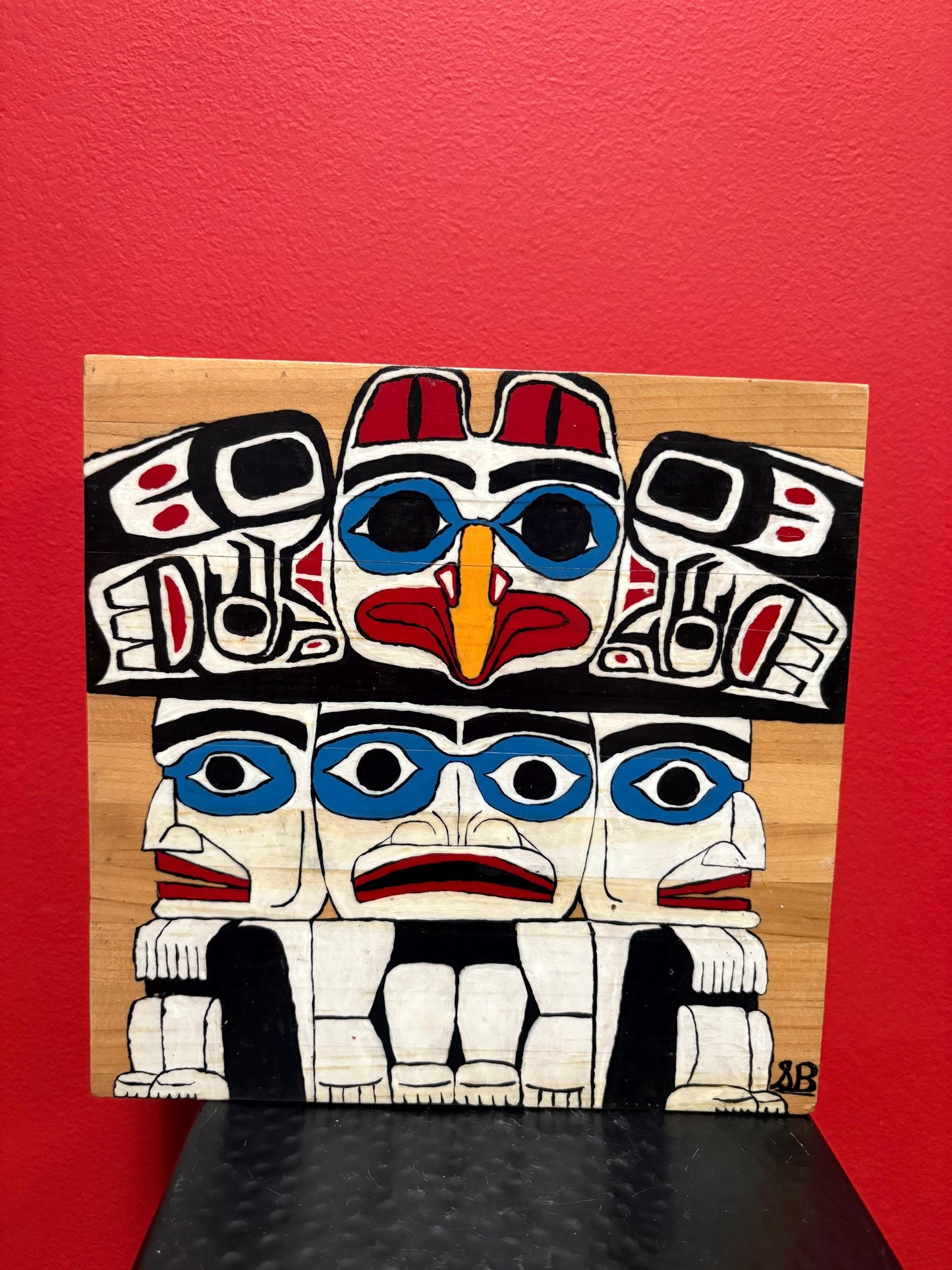Indigenous signed First Nations Pacific Northwest Coast plaque 9 x 9 x 2 thick  great colours  needs a hanger