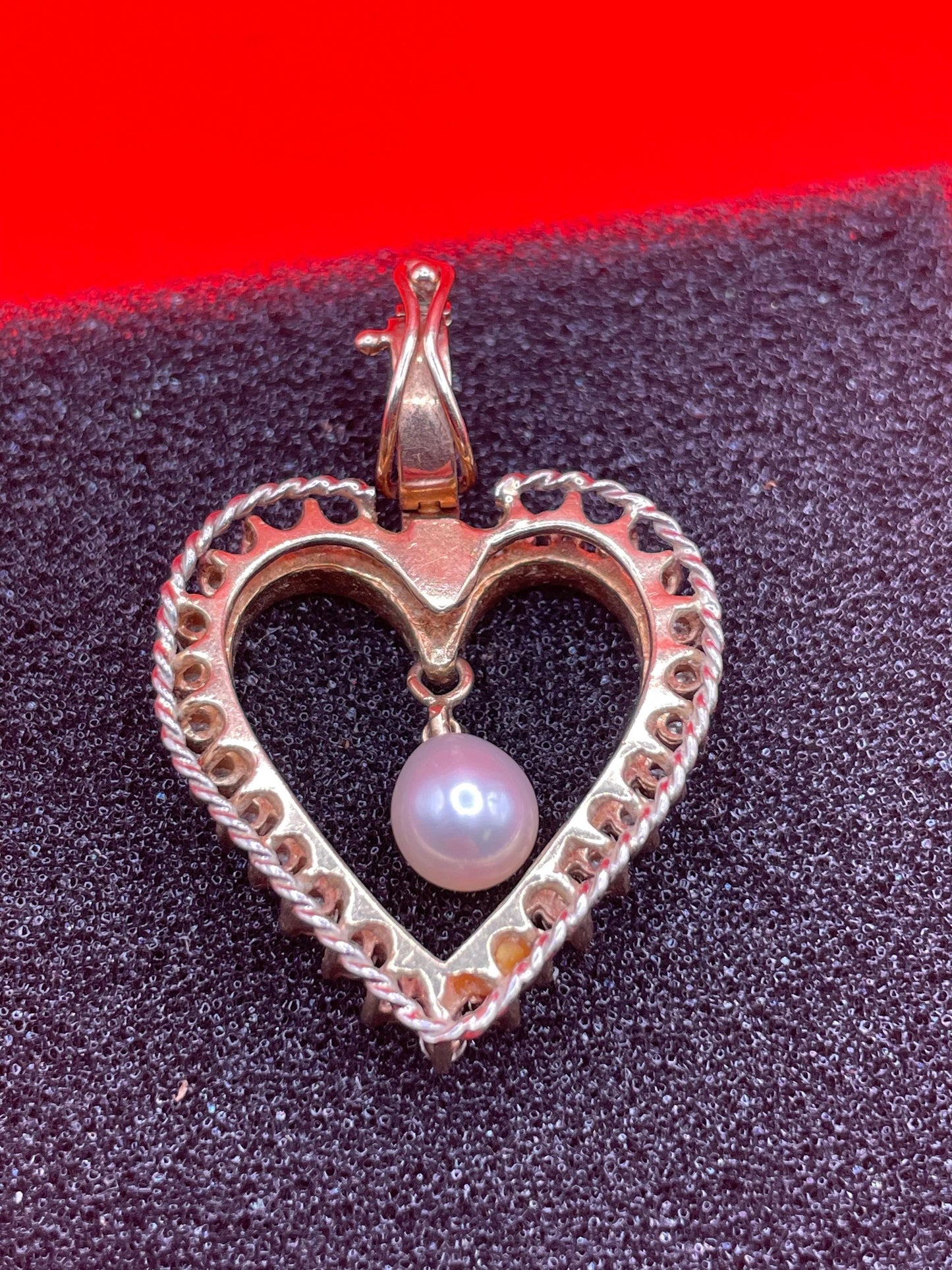 1.5 inch long 14 and 18k Gold, Diamond and pearl Heart pendant great condition - B