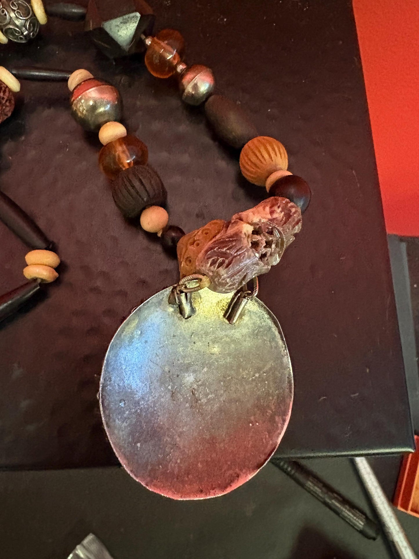 Most amazing Persian necklace with Amber silver horn and many other pieces approximately 20 inches long with 2 inch pendant- wow