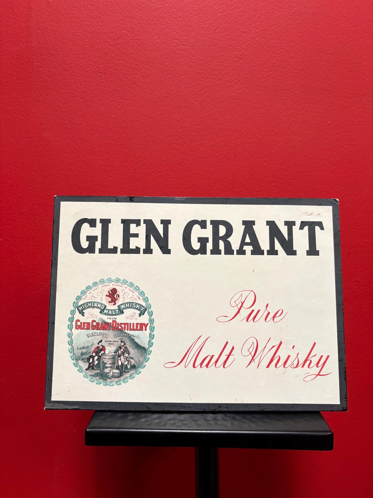 Beautiful Scottish Glen Grant pure whiskey cardboard advertising sign in great condition hangs or stands - 10 x 7 inches