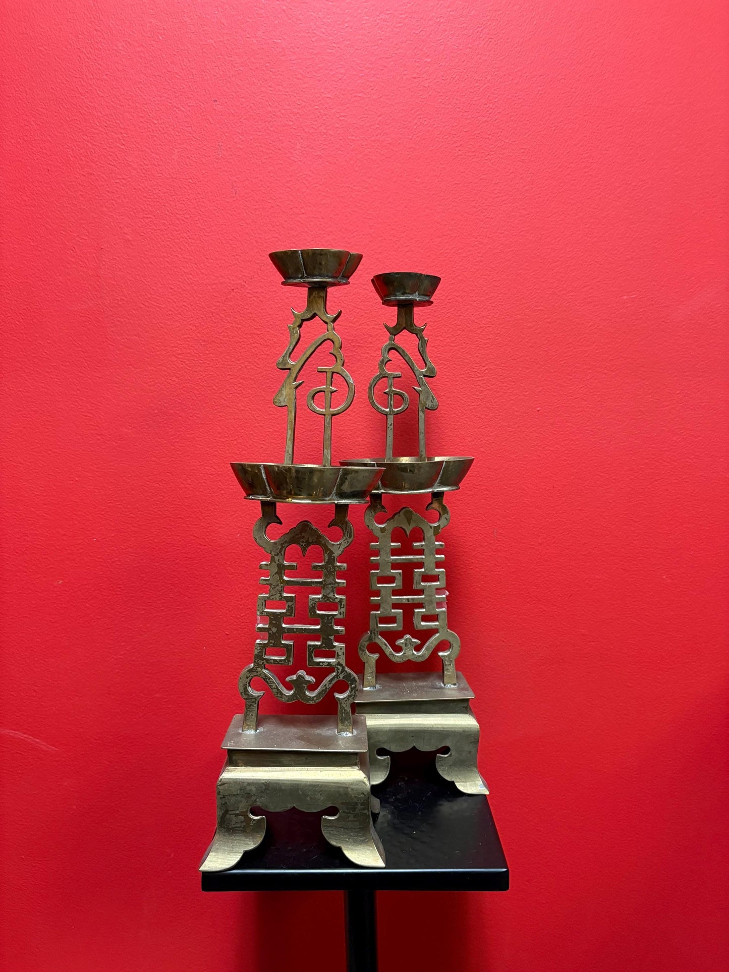 Antique Chinese brass wedding candlesticks 15 inches tall lovely condition - tops a little loose