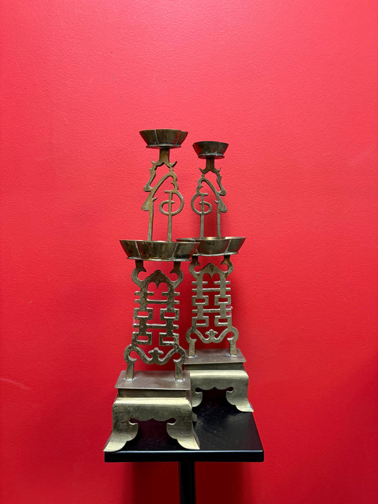 Antique Chinese brass wedding candlesticks  15 inches tall lovely condition -  tops a little loose