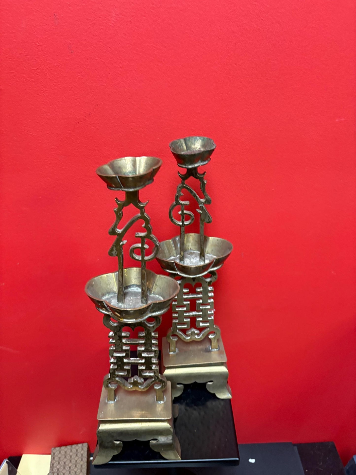 Antique Chinese brass wedding candlesticks 15 inches tall lovely condition - tops a little loose