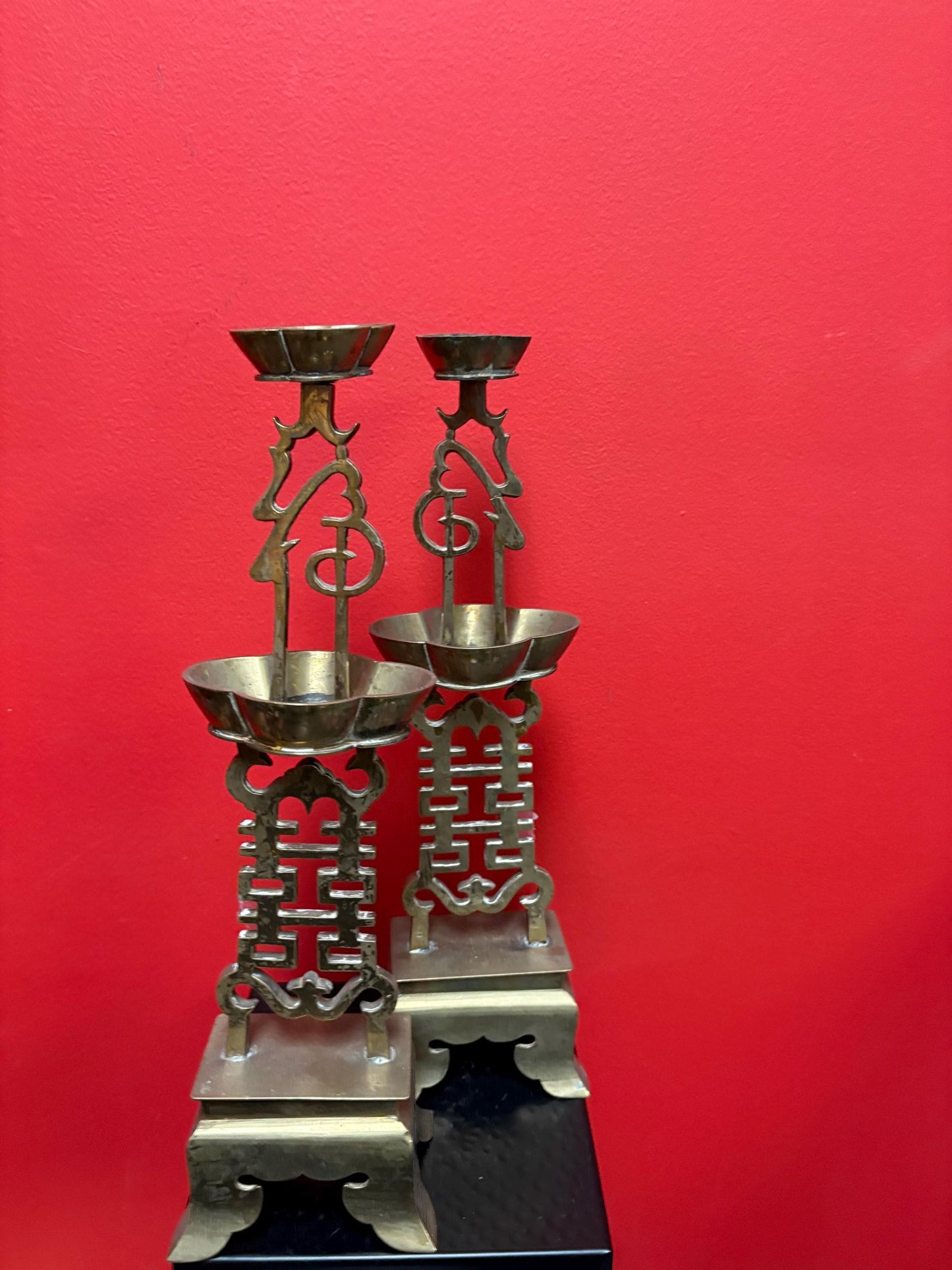 Antique Chinese brass wedding candlesticks 15 inches tall lovely condition - tops a little loose