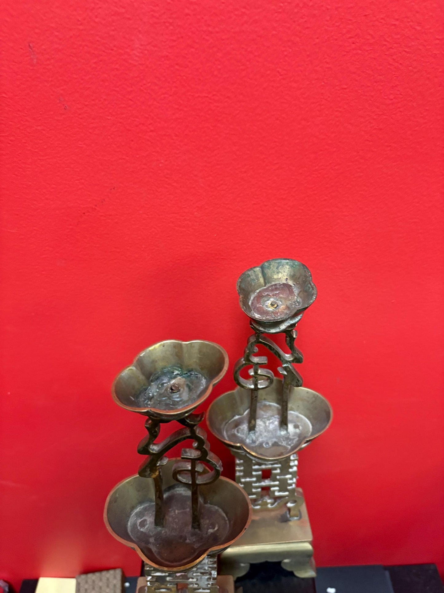 Antique Chinese brass wedding candlesticks 15 inches tall lovely condition - tops a little loose