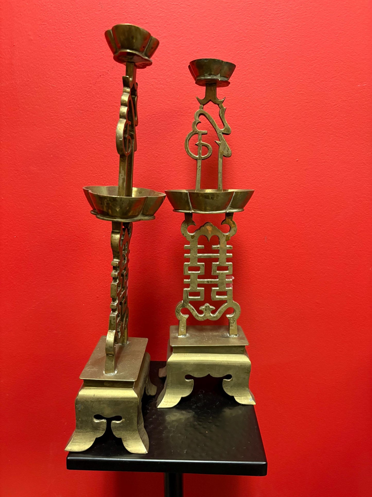 Antique Chinese brass wedding candlesticks 15 inches tall lovely condition - tops a little loose
